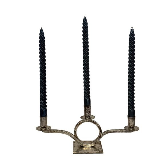 Vtg Art Deco Silver Plated Candelabra Mid Century Hammered Silver Candle Holder - Picture 2 of 8